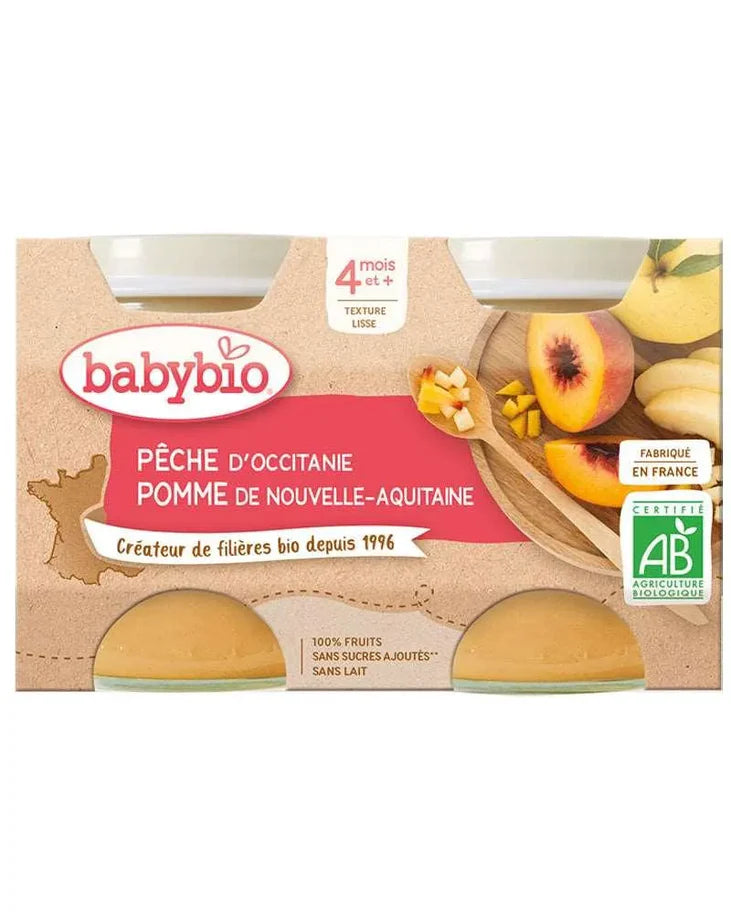 Babybio Petit Pot Pêche d'Occitanie Pomme de Nouvelle-Aquitaine 2x 130g