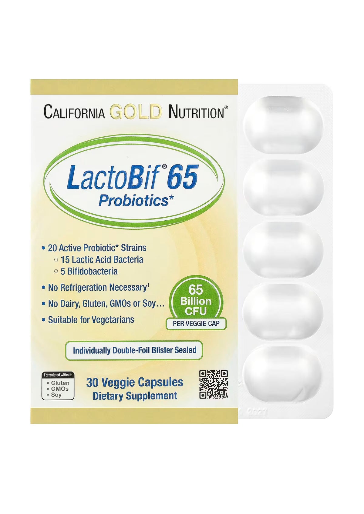 California Gold Nutrition, Probiotiques LactoBif 65 milliards d'UFC, 30 capsules végétales